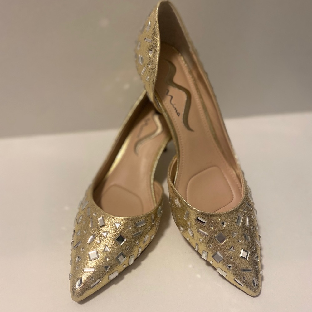 Nina Elegant Gold Women's Heels Leather Stones